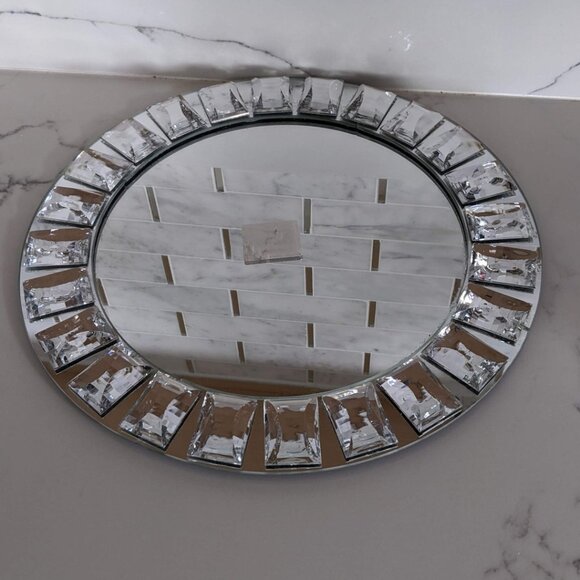 one 13" Round Mirror glass Charger Plate CrystalRim Wedding Jewelry Serving Tray - Picture 7 of 7